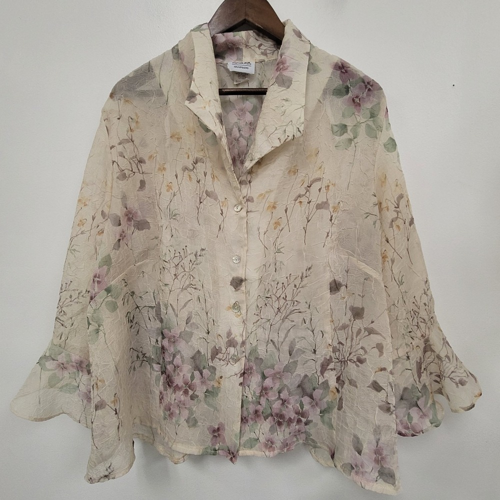 R&M Richard Womens Long Sleeve Flutter Sleeve Fairy Top Size 24W Sheer Floral - Picture 1 of 8